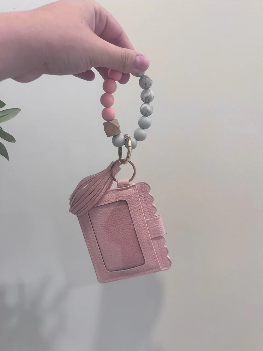 Pink Cardholder Keychain Wallet with Beaded Tassel
